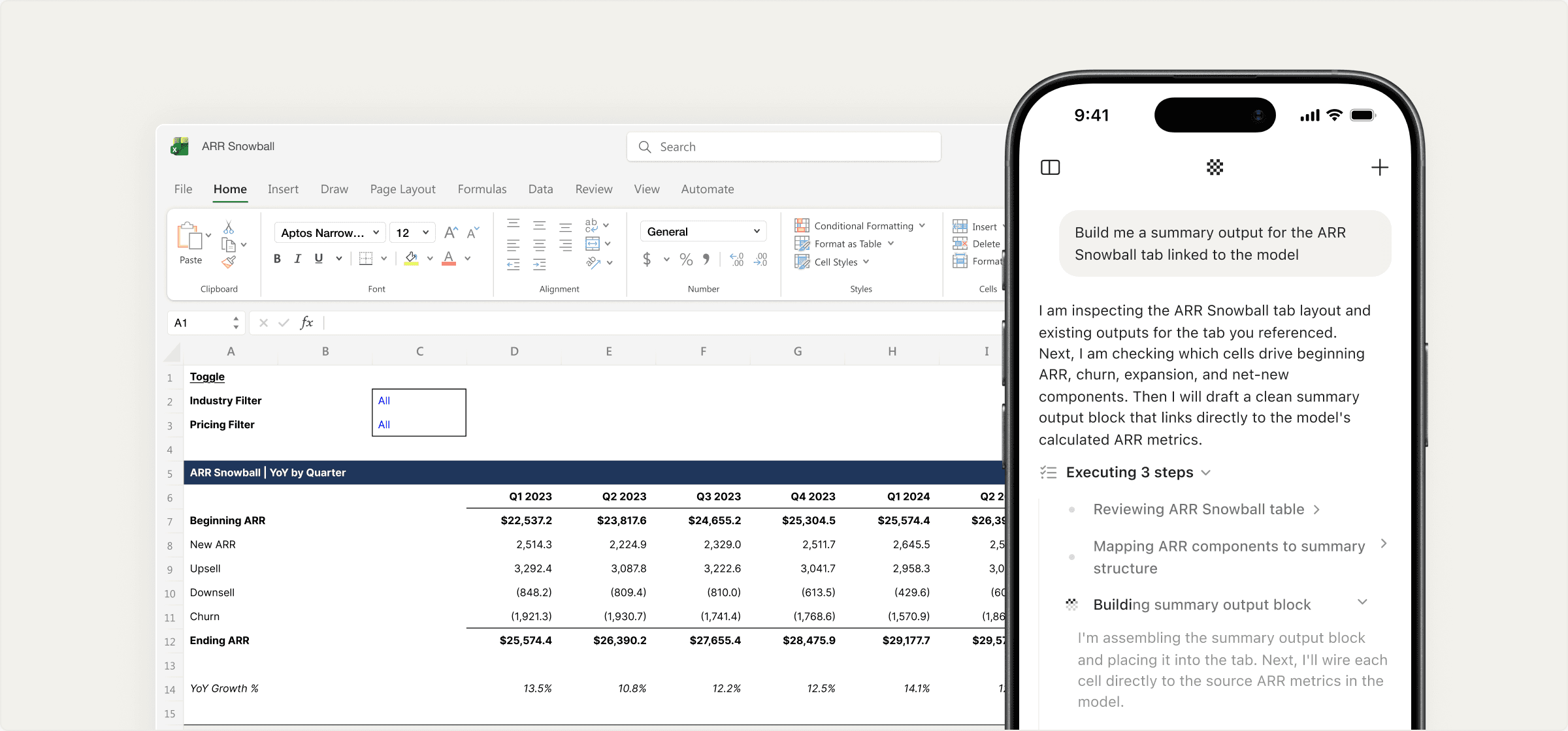 An Excel model alongside Endex on iPhone executing a summary task