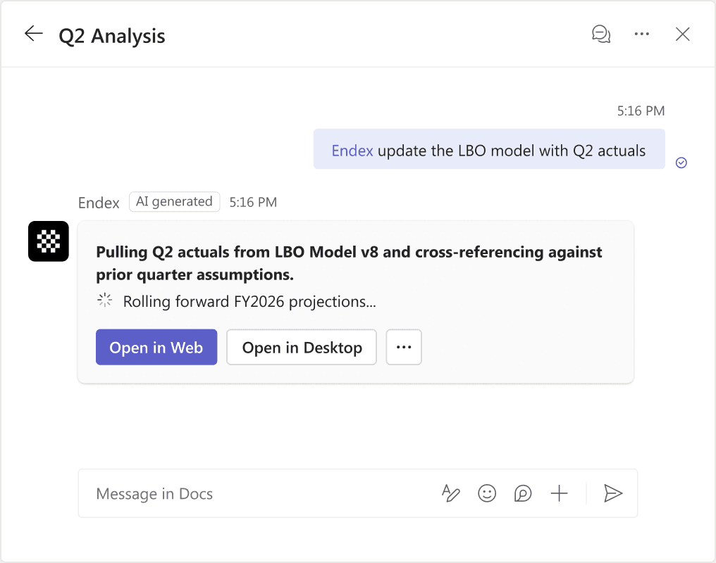 Endex picking up a task in a Teams channel