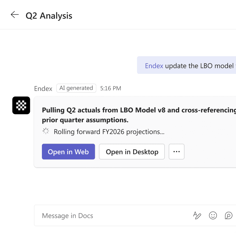 A Teams thread where Endex is updating an LBO model