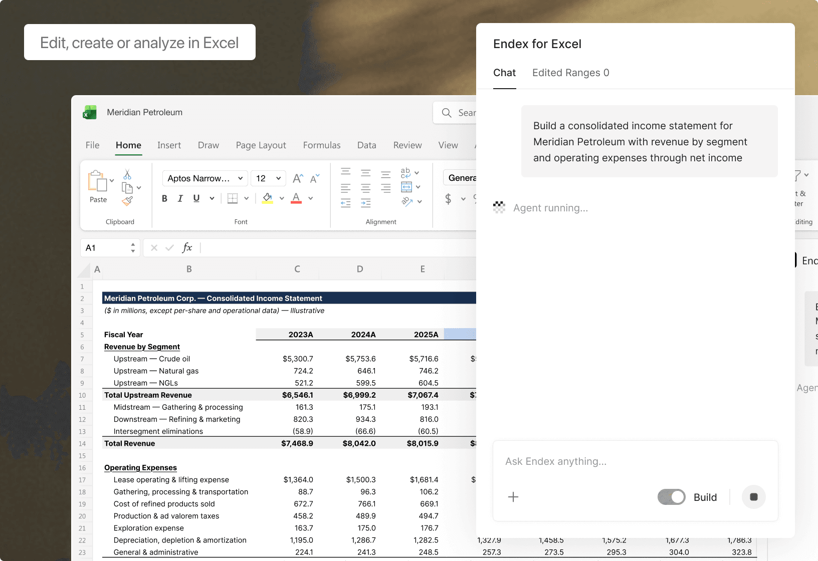 Endex for Excel building a consolidated income statement for Meridian Petroleum